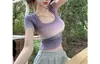 Camiseta Feminina de Verão com Gola Quadrada de Manga Curta, Estampa Doce e Picante, Gradiente Puro, Malha Justa, Base Sexy, Top Curto