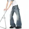Calça jeans de lenhador com botões estilo rua americano para mulheres e homens, vibe outonal, calça de trabalho microflare lavada, calça wide leg desgastada