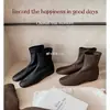 Versão em Couro com Salto Oculto de 3cm ~Estilo Primavera e Outono Zíper Lateral Botas Elásticas Slim Botas Curtas Femininas Botas Martin Estilo Novo