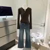 Jeans Azules Retro para Mujer Lavados Americanos Pierna Ancha Pantalones Versátiles Favorecedores de Largo hasta el Suelo