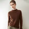Suéter base de punto de cachemira 100% de doce agujas con dobladillo enrollado y cuello semi-alto, top de manga larga para mujer