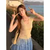 Malha de Manga Curta para Mulheres 2025 Nova Gola U Vestir Camisa de Camada Interna Slim Verão Pura Desejo Camiseta Top Roxo
