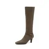 Piernas Largas Elegantes, Ligeramente Sexys, Botas Altas de Gamuza, Otoño/Invierno 2026, Tacón de Aguja, Punta Cuadrada Pequeña, Botas Altas de Piel Genuina para Mujer