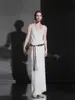 Vestido de tirantes con borde enrollado y escote en U de lana merino, estilo minimalista francés, vestido largo sin mangas para mujer, Otoño e Invierno