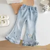 Conjunto de Camiseta de Manga Longa com Estampa de Desenho e Jeans para Meninas, Novo Estilo Primavera e Outono, Conjunto Casual de Duas Peças com Laço para Bebê Menina