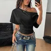 2026 Moda europea y americana para mujer Amazon nuevo top sexy corto de manga corta de color liso, cuello asimétrico, hombros descubiertos, manga ancha, entallado a la cintura