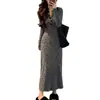 Vestido floral de manga larga con botones en gris francés para mujer, principios de otoño, elegante, ajustado, visualmente más alto, cintura ceñida, vestido largo de cola de pez