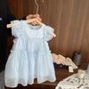 Vestido de verão para meninas, bebê, estiloso, infantil, personalizado, moderno, marca, estilo coreano, manga voadora, renda, costura, vestido de princesa fada
