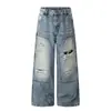 Jeans Masculino Americano Streetwear Lavagem Desgastada Jateado Desconstruído Perna Reta Calças Largas de Perna Larga Comprimento no Chão Calças Longas