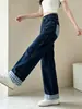 Jeans de Perna Larga Patchwork Xadrez com Laço Vintage Bordado para Mulheres, Calças Retas Soltas de Cintura Alta Comprimento Total para Outono