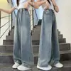 Calça jeans wide leg para meninas, novo estilo primavera e outono, com strass, calça reta solta, calça longa da moda estilo coreano para crianças mais velhas