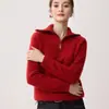 Suéter de Cashmere 100% Puro com Manga Raglan Engrossado para Mulheres, Gola Lapela Pulôver com Meio Zíper, Top de Tricô Solto, Camada Base