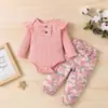 Roupas para Bebês Meninas 0-2A Macacão de Manga Longa com Manga Bufante + Calça Camuflada Conjunto de Duas Peças para Menina na Primavera e Outono