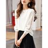 Blusa Feminina T2026 Outono Nova Moda Elegante Tricô Manga Longa com Gola Redonda e Renda Texturizada