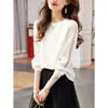 Blusa Feminina T2026 Outono Nova Moda Elegante Tricô Manga Longa com Gola Redonda e Renda Texturizada