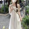 Vestido de verano para mujer, estilo coreano, de alta gama, blanco, para vacaciones, color liso, sin mangas, largo medio, cintura ajustada, vestido de vacaciones.
