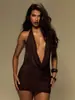 Vestido Bodycon Sexy Europeu e Americano para Mulheres, Decote V Profundo, Alça no Pescoço, Costas Abertas, Pedrarias, para Festa e Boate