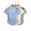 Top Pequeño Puro Dulce Chica Sexy Cuello en U para Mujer Verano Seda de Hielo Manga Corta Camiseta Chic Hermoso Tirante Almohadilla en el Pecho Conjunto de Dos Piezas