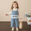 Conjunto Jeans para Meninas Estiloso e Moderno Primavera e Outono Novo 2026 Estilo Coreano Doce Conjunto Jeans de Duas Peças para Bebês