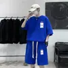 Conjunto Esportivo Casual de Waffle para Meninos Verão Solto Tamanho Grande Moderno Bonito Manga Curta Shorts Conjunto de Duas Peças Vestuário Masculino