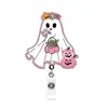 Porta-crachá retrátil rosa de abóbora de Halloween, fácil de puxar, com mecanismo giratório para crachás de estudante e de escritório