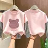Camiseta Base de Primavera y Otoño para Niñas 2026 Nuevo Estilo Moda de Dos Piezas Falsas Rayada Camiseta de Manga Larga de Otoño para Niños Mayores
