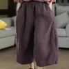 Calça de Algodão e Linho Artística Feminina Retro Cor Sólida Cintura Elástica Solta Emagrecimento Lanterna Perna Larga Calça Cropped Casual Feminina Verão