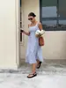 2026 Transfronterizo Europeo y Americano Amazon Moda Casual Estilo Francés Ceñidor de Cintura Sin Mangas Halter Cuadrado Bloque de Color Rayado Vestido Largo