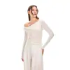 Tencel + Lã 2026 Cor Sólida Assimétrica Ombro a Ombro Manga Longa Camiseta Base Feminina Casual Primavera/Verão Nova Moda