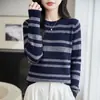 Top de punto fino con rayas jacquard retro para mujer, cuello redondo, corte ajustado, suéter elástico, top de capa interior para otoño/invierno