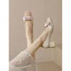 Tacones Altos de Tacón Grueso Francés a Juego de Colores Estilo Tweed 2025 Otoño Nuevo Versión de Cuero Suave Punta Cuadrada Lazo Escote Bajo Zapatos Planos para Mujer