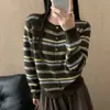 Suéter Cardigan Listrado Color Block Gola Redonda Feminino Outono Inverno Novo Estilo Confortável Simples Malha de Botão Único Outerwear Top