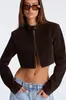 Chaqueta corta popular transfronteriza europea y americana con cuello alto de gamuza sintética para mujer, con cremallera, corte ajustado, corta, chaqueta de motociclista vintage