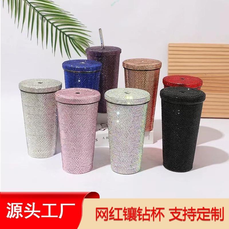 网红diy手工贴钻水杯吸管钻石杯网红镶钻奶茶杯满钻水杯塑料定