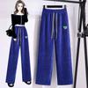 Pantalones de Pana de Pierna Ancha para Mujer Moda Otoño e Invierno Vertical Cintura Alta Etiquetado Diseño de Pierna Recta Jacquard Pantalones Casuales