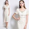 Vestido de encaje Off-White hecho a mano con diamantes, cuello redondo, manga corta, estilo sirena, falda ajustada retro elegante para mujer, 2025