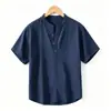 Nova Camisa Masculina de Linho de Manga Curta para o Verão de 2026, Casual Solta com Gola Alta, Cor Sólida, Top Respirável de Algodão e Linho