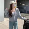 Chaqueta Azul Marino Efecto Adelgazante para Mujer Primavera y Otoño Sudadera Estilo Corto Coreano Petite Nuevo 2025 Sudadera con Capucha y Cremallera Americana