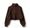 Suéter curto de gola alta com zíper parcial estilo coreano para mulheres, caimento solto, canelado, para baixinhas, cintura alta, cropped, top de tricô pullover para usar como peça externa