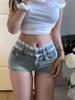 Shorts de Mezclilla con Bordado de Encaje Francés de Cadera Completa para Mujer 2025 Primavera y Verano Nuevos de Cintura Baja Ajustados al Ombligo y Cadera Pantalones Cortos