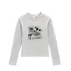 Camiseta negra de cuello redondo y manga larga para mujer, nuevo estilo primavera/otoño, marca trendy americana, estampado de letras, corte ajustado, top versátil