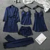 Pijama de Seda de Hielo para Mujer, Sexy de Verano con Manga Larga, Camisola de Encaje, Bata, Conjunto de Cinco Piezas, Transmisión en Vivo de Douyin con Almohadillas en el Pecho, Ropa de Casa