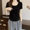 Una generación de algodón de hilo de verano chica regordeta talla grande 200 kg cuello cuadrado manga corta camiseta mujer costura slim capa base
