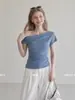 Top de Hombros Descubiertos Estilo Coreano de Verano LiLvi, Blusa Azul de Puntos de Manga Corta Ajustada