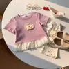 Camiseta de Manga Curta para Meninas 2026 Verão Novo Estilo Estilo Coreano Barra de Renda Estilo Princesa Infantil Bebê Menina Ins no Ins