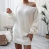 Foto Real de Otoño e Invierno Europeo y Americano de Manga Larga con Cuello de Una Línea Casual Holgado Vestido Suéter de Punto El Más Vendido de Amazon Ropa Femenina Transfronteriza