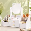 Espejo de tocador de escritorio de madera Espejo de mesa DIY Espejo de dormitorio Tocador con cajones Espejo de maquillaje Caja de tocador para el hogar