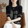 Camiseta Jacquard Estampada Preta de Manga Curta para Mulheres Verão 2026 Fina Gola Redonda Solta e Versátil Malha Tencel Manga Meia