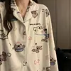 Pijama de Algodão Imitado para Mulheres, Manga Longa e Calça Longa, Cardigã para Primavera e Outono, Estilo Casual Simples de Alta Qualidade, Conjunto de Pijama Plus Size para Mulheres