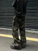 Jeans retro americanos semielásticos, pantalones de trabajo de camuflaje de alta costura, pantalones casuales unisex de pierna recta holgada ligeramente acampanados